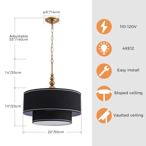 Shrine Lighting Double Drum Chandeliers, Farmhouse Style, Perfect Drum Pendant Light for Dining Room, D20'' x H10'', Adjustable Chains 55'', E12*4 Sockets, Black Linen Fabric Lampshade & Gold Rod - color: Black&Double D20''