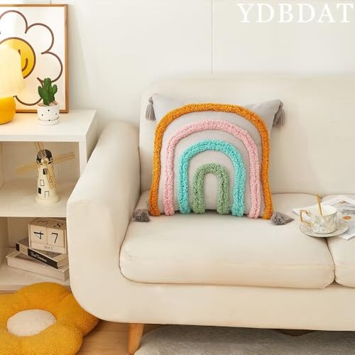 Set of 2 Boho Rainbow Decorative Textured Throw Pillow Covers 18x18 Farmhouse Colorful Tufted Pillow Covers with Tassels Woven Cushion Case for Sofa Bed Living Room Hallowmas Silver - color: Silver, size: 18" x 18" (Pack of 2)
