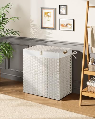 Greenstell Laundry Hamper with lid, No Install Needed, 110L Wicker Laundry Baskets Foldable 2 Removable Liner Bags, 2 Section Clothes Hamper Handwoven Rattan Laundry Basket with Handles, White - color: White