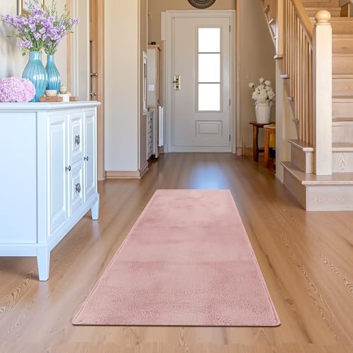 jinchan Solid Plush Runner Rug 2x5 Performance Shaggy Washable Hallway Rug Soft Modern Faux Wool Cozy Non Slip Carpet for Bedroom Laundry Room Living Room Kids Nursery Pink - color: Solid Pink, size: 2' x 5' (Runner)