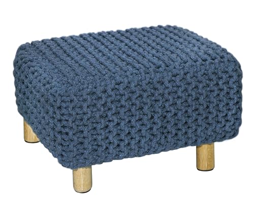 COTTON CRAFT Braided Footrest - Handknitted Dori Foot Stool with Sturdy Wood Legs – Handmade Boho Leg Rest - Small Spaces Under Desk Living Room Entryway Low Footstool Pouf - 16.5x12x9.5 - Blue - color: Cotton - Blue