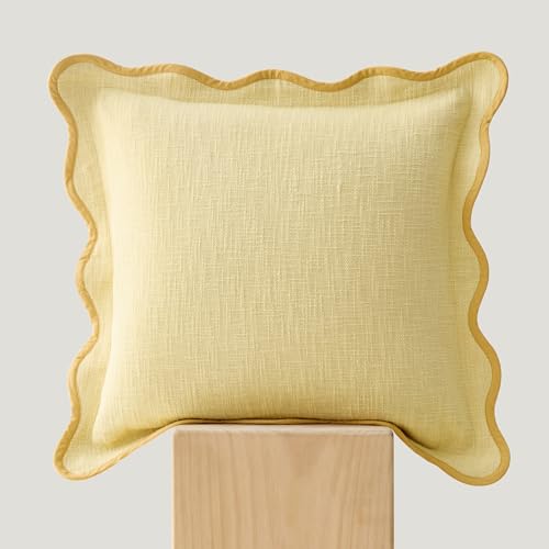 Double Stitch Scalloped Throw Pillow Covers - 100% Cotton Decorative Boho Pillow Covers 20 x 20, Made in India, Square Cushion Case, Modern Home Decor for Couch Sofa Living Room, Lemon Yellow - color: Lemon Yellow, size: 20" x 20" (Pack of 1)