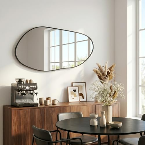 Irregular Wall Mirror 32" x 16.5", Asymmetrical Black Bathroom Vanity Mirror with Matte Aluminum Frame and Tempered Glass, Organic Shape Decor for Entryway and Bedroom - color: Black, size: 32"L x 16.5"W