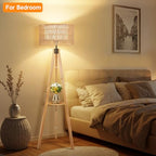 OUTON Boho Rattan Tripod Floor Lamp with Shelves, Remote Control, Dimmable Mid Century Modern Standing Lamp 58.5" for Bedroom, Living Room & Office, Lamp Shade Includes E26 9W Bulb, Wood - color: Wood & Rattan Shade