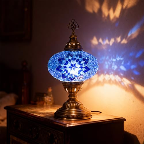 Turkish Lamp, Mosaic Table Lamp, Antique Moroccan Decorative Glass Bohemian Vintage Lamp Shade, Small Desk Tiffany Bedside Stained Glass Lamp with US Plug and E12 Socket - color: Blue-39