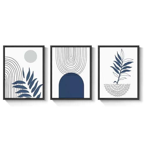 Framed Blue Boho Wall Art for Room Decor, 3 Piece Botanical Line Artwork for Walls, Mid Century Modern Blue Canvas Pictures Prints for Living Room Bedroom Hallway Office Apartment Wall Decor, 12x16 In - color: Black and Blue