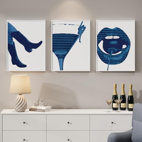 Framed Navy Blue Pop Wall Art for Room Decor, 3 Piece Funky Cocktail Boot Lip Artwork for Walls, Trendy Preppy Canvas Prints, Modern Blue Picture for Living Room Bedroom Apartment Wall Decor, 12x16 In - color: Navy Blue