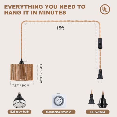 Hanging Grow Light, 30W LED Lamp with Timer for Indoor Plants | 4000K LED plant lamp with 15 ft cord, outlet timer, and boho paper rope shade for succulents, herbs, and low-light rooms. - color: Scallop