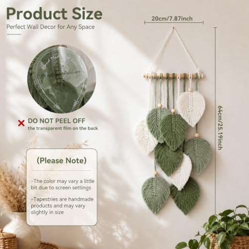 Artilady Green Macrame Leaf Wall Hanging Tapestry Boho Wall Decor | Handmade Soft Cotton Fringe, Natural Wooden Beads, Mordern Chic Decor for Bedroom Living Room Nursery - color: Small Green