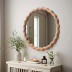 Irregular Wall Mirror,Wood Round Farmhouse Mirror Unique Vanity Mirror,30" Nature Wooden Modern Bathroom Mirror for Washroom Living Room Bedroom - size: 30"L x 30"W