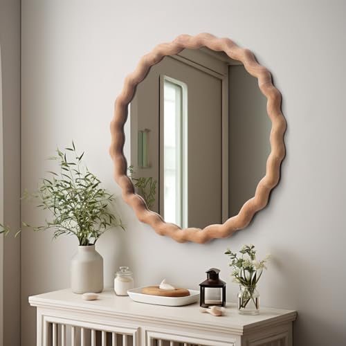 Irregular Wall Mirror,Wood Round Farmhouse Mirror Unique Vanity Mirror,28" Nature Wooden Modern Bathroom Mirror for Washroom Living Room Bedroom - size: 28"L x 28"W