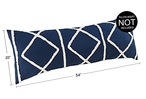 Bohemian Boho Chic Dark Navy Blue and Ivory Macrame Tufted Tassel Accent Decorative Couch Long Throw Zipper Body Pillow Cover Case 54x20 Solid Textured Minimalist Fringe Farmhouse Geometric Room Decor - color: Navy Tufted