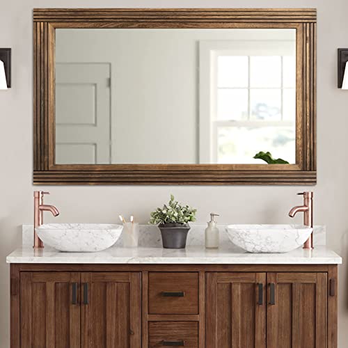 YOSHOOT Hand-Made Wooden Spliced Wall Mirror for Bathroom, Rustic Farmhouse Vanity Mirror, Décor Wall Art, Solid Wood Frame, Vertical or Horizontal Hanging - color: Spliced Brown, size: 40"L x 26"W