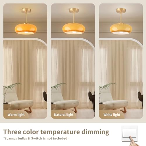 Brass Modern Hallway Ceiling Light - Orange Glass Ceiling Lamp with Dome Shade, Gold Mid Century Semi Flush Mount, Bedroom Entrance Light Fixture - color: Orange