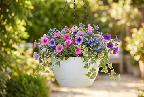 Hanging Planters 3-Pack, 8 Inch Self-Watering Hanging Pots with Drainage Hole and Chains, Plastic Planters for Indoor Outdoor（White） - color: White, size: 8 inches