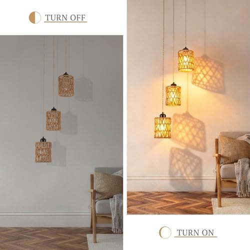 Finktonglan 3-Light Rattan Pendant Light, Boho Farmhouse Woven Hanging Light Fixture, Adjustable Kitchen Island Pendant Lighting for Dining Room Bedroom Entryway, Bulbs Not Included