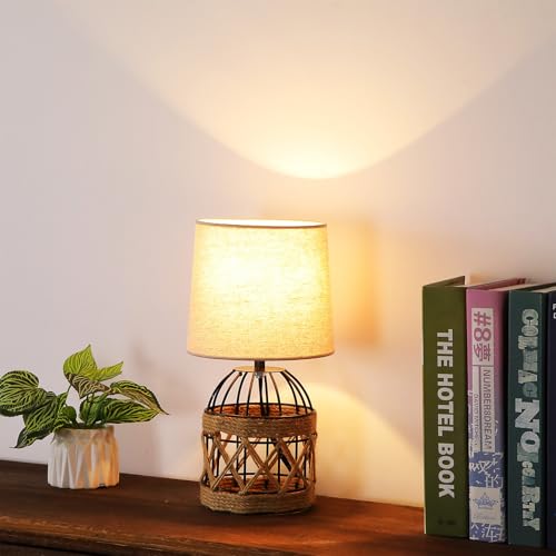 Boho Table Lamp for Bedroom, Small Bedside Lamp with Rattan Metal Cage Base and Linen Shade, Nightstand Lamp for Living Room, Farmhouse Coastal Rustic Bedroom Decor, E26 Socket, Bulb Not Included - size: 1 Pack