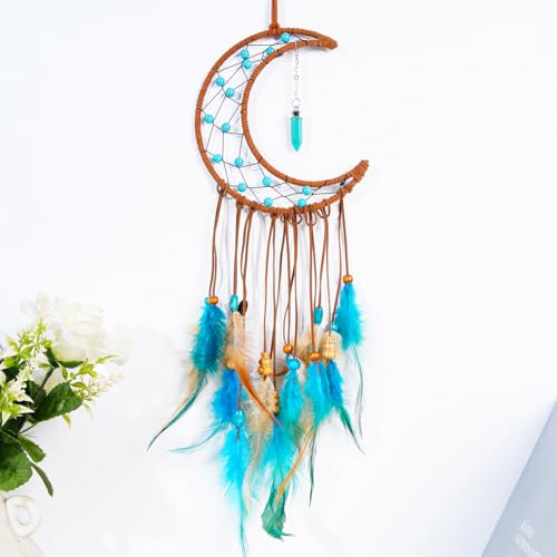 MEXIDAWN DIY Feather Dream Catcher Kits Turquoise Wall Hanging Boho Decor Handmade Dream Catcher for Adults, Moon - style: Moon*1