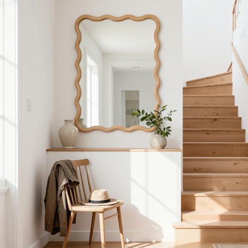 Bathroom Mirror for Wall,24x36 inch Large Irregular Wavy Wood Modern Boho Vanity Farmhouse Mirrors for Bedroom Living Room Entryway Hallway Fireplace - size: 36"L x 24"W