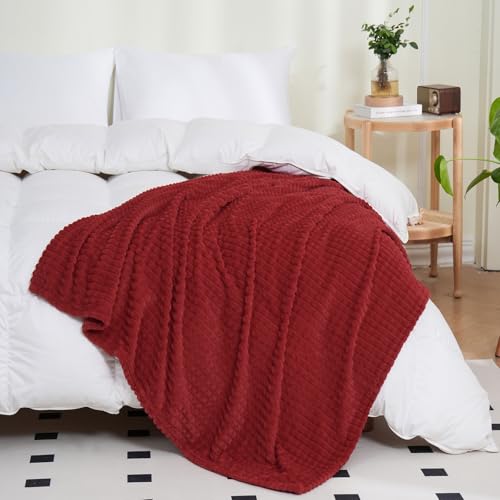 Puncuntex Red Fleece Throw Blanket 50"×60",Super Soft Flannel Plush Cozy Blanket with Square Grid Design Luxury for Couch Sofa Chair - color: Red, size: 50"×60"