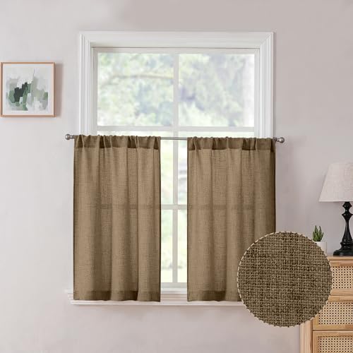 Tollpiz Linen Tier Curtains Rod Pocket Semi Sheer Short Kitchen Curtain Half Burlap Light Filtering Thick Linen Drape for Bathroom, 30 x 30 inches Long, Brown, Set of 2 Panels - color: Brown, size: 30"W x 30"L (Pack of 2)