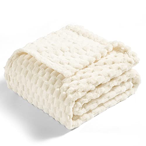 Vessia Flannel Fleece Throw Blanket(50x71inch) with Pillow Cover(18x18Inch), 3D Jacquard Cream Fuzzy Blanket for Couch,Sofa,Bed,Chair, 300GSM Super Soft Cozy Lightweight Throw for All-Season - color: Cream-3d, size: 50x71 inch + Pillow Cover