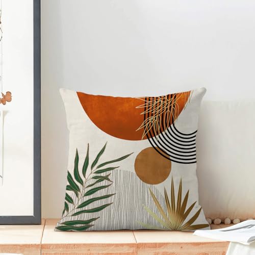 Boho Pillow Covers 16x16 Set of 2 Abstract Green Orange Gold Sunset Throw Pillow Covers Outdoor Decor Mid Century Bohemian Style Tropical Leaf Pillowcase Farmhouse Cushion Case for Home Couch - color: Mid-century-orange, size: 16" x 16" (Pack of 2)