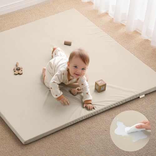 Blissful Diary Vegan Leather Baby Play Mat, 47x47 Thick Foam Cushioned & Waterproof Playpen Mat for Infants and Toddlers, Stylish and Just Wipe-Clean Playmat for Baby Play on Floor, Beige - color: Beige, size: 47" X 47"