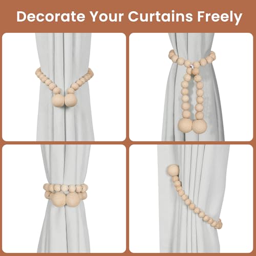 KLOGTSIND Magnetic Curtain Tiebacks, Curtain Tie Backs for Curtains 2 Pack, Wood Bead Curtain Tiebacks, Curtain Holders for Boho Bedroom Decor, Baby Nursery Decor, Farmhouse Décor - color: Beechwood