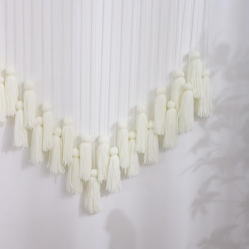 White Boho Macrame Wall Hanging Handmade Tassels Garland Wall Hanging with Wooden Beads for Bedroom Nursery Birthday Gift Party Living Room Neutral Home Decor Aesthetic - color: White