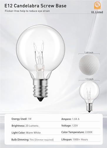 Brightown G40 Replacement Light Bulbs, 25 Pack 5W Clear Globe Bulb fits E12 C7 Candelabra Screw Base Sockets, 1.5 Inch Dimmable Light Bulbs for Indoor Outdoor Patio Decor, Warm White - color: Clear, size: 25 Pack