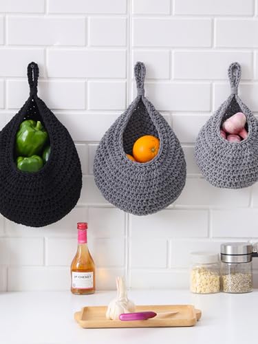 3 Pcs Boho hand-woven hanging linen basket,drop molding design,cotton rope storage baskets for living room,kitchen,wall-mounted fruit,vegetable potted plants organizer (3 sizes)