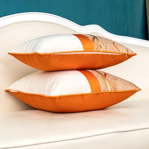 Alerfa 20 x 20 Inch Orange White Geometric Striped Gold Leather Patchwork Velvet Cushion Case Luxury Modern Lumbar Throw Pillow Cover Decorative Pillow for Couch Sofa Living Room Bedroom Car - color: Orange, size: 20" x 20" (Pack of 1)