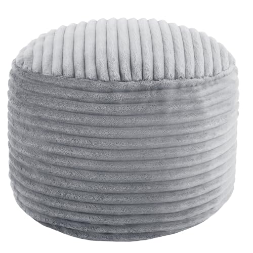 MeMoreCool Stuffed Round Pouf Ottoman Foot Rest, Soft Plush Floor Pouf Foot Stool, Corduray Footstool Footrest, Small Round Ottoman for Living Room Couch Sofa Chair, 20x15 Inch Grey - color: Ribbed Light Grey