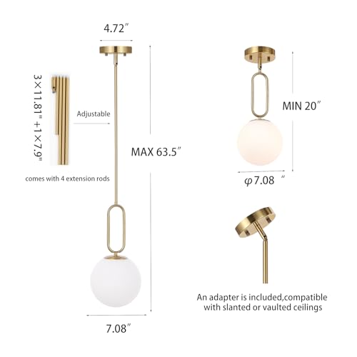 Modern Gold Globe Pendant Light White Globe Glass Shade Brushed Brass Finished Adjustable Rods Hanging Light Fixtures for Kitchen Island Living Room - color: Gold 1 Pack-Adjustable Rods