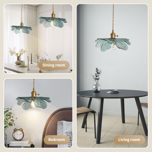 Hardwire Petal Glass Pendant Light Kitchen Island, Brass Chandelier | Hanging Light, Sculptural Art Glass, Unique, Vintage, Gold, Adjustable, Mid Century, Modern,Dining Room,Bedroom, High Ceiling - color: Dark Green, Hardwired, size: Hardwired