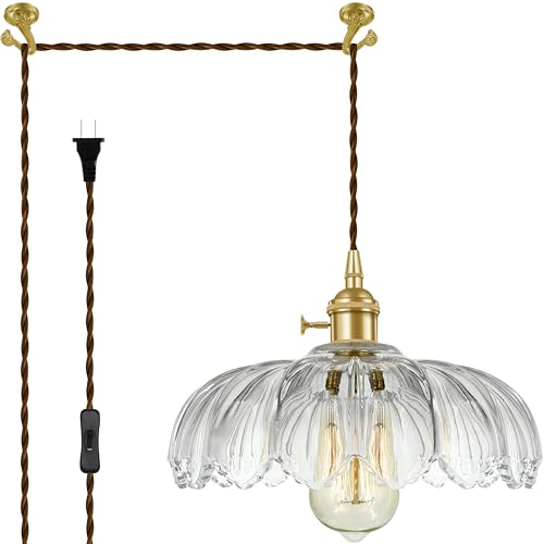 Plug-in Pendant Light Fixture, Hanging Light Fixture, Glass Pendant Light, Swag Lamp with Inline On/Off Switch for Kitchen Island, Bedroom, Dining Room, Living Room (Clear, 15 Ft Cord) - color: Clear, size: 15 ft
