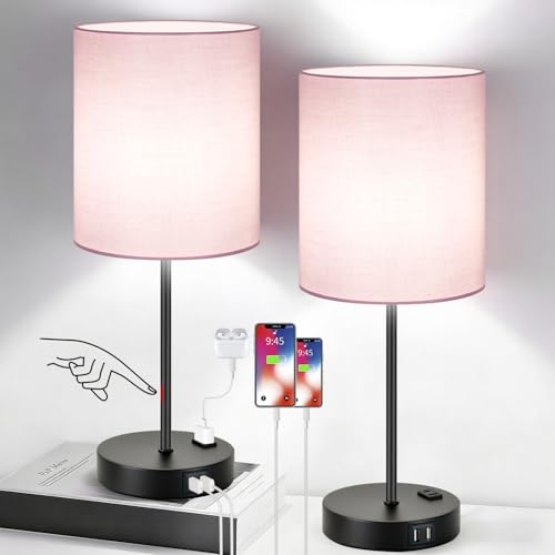 Lynnoland Set of 2 Touch Control Table Lamps, 3-Way Dimmable Bedside Nightstand Lamps for Bedroom Living Room Nursery, 800 Lumens 5000K Warmlight Bulbs Included - color: (2 Pack)Pink & Black(Base)-5000K Bulbs Included