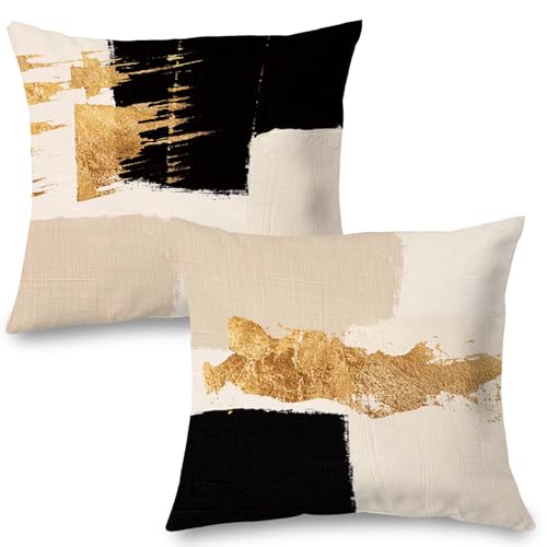Black Beige and Gold Abstract Pillow Covers 20x20 Double-Sided, Mid Century Modern Decorative Throw Pillow Covers for Living Room Bedroom, Modern Home Decor, Black and Gold Decor, Set of 2 - color: Black Beige Gold, size: 20" x 20" (Pack of 2)
