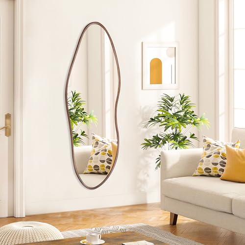 Irregular Full Length Mirror 64"x21", Cloud-Shaped Design with Rounded Oak Hardwood Frame in Black Walnut, Asymmetrical Wall Mirror for Bedroom,Living Room,Cloakroom,Horizontal/Vertical
