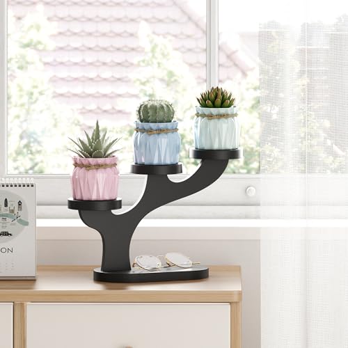 Bamboo Tabletop Plant Stand Indoor, 3 Tier Wood Desktop Small Plant Shelf Window Sill Flower Holder Mini Tiered Plant Display Rack for Patio Balcony Living Room Decor (black)