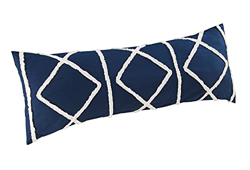 Bohemian Boho Chic Dark Navy Blue and Ivory Macrame Tufted Tassel Accent Decorative Couch Long Throw Zipper Body Pillow Cover Case 54x20 Solid Textured Minimalist Fringe Farmhouse Geometric Room Decor - color: Navy Tufted