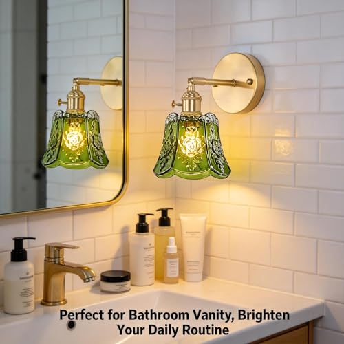 2 Pack Vintage Wall Sconces, Green Wind Chime Glass Shade Wall Lamp with 2 Natural Light Bulbs, Hardwired Design with Rotary Switch, Decorative Light for Bedroom Hallway Living Room - color: Green 2pcs Flower Wall Light