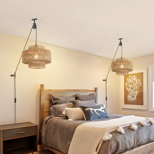 Rattan Plug in Pendant Light Boho Hanging Lights with Plug in Cord,Farmhouse Pulley Pendant Light with On Off Switch for Bedroom Living Room.