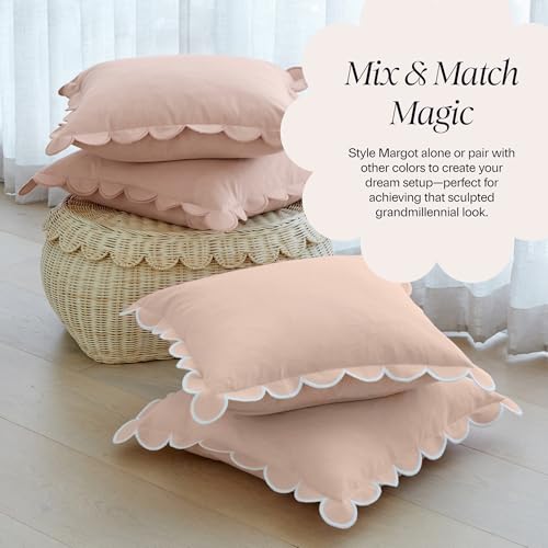 BEBE BASK Scalloped Pillow Cover - Set of 2-18 x 18 Inch - Scallop Pillow Covers – Peach Pink Scalloped Pillows - Scallop Pillows - 100% Cotton - Grandmillennial Style (Peach Pink/White) - color: Peach Pink/White