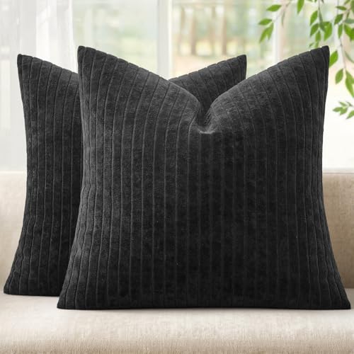 MIULEE Set of 2 Black Decorative Throw Pillow Covers 18x18 Inch, Thick Soft Textured Striped Cushion Covers, Modern Solid Color Farmhouse Boho Pillow Case for Sofa Couch Bed Living Room - color: Black, size: 18" x 18" (Pack of 2)