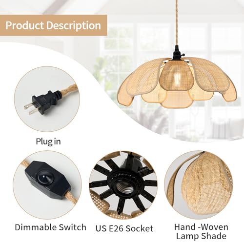 20 Inch Boho Flower Chandeliers for Dining Room Farmhouse Rattan Pendant Lights Girl Chandelier Hand Woven Bedroom Light Fixture Dimmable Plug in Hanging Lamp for Kitchen Island - size: 20 Inch Plug In