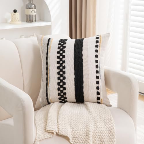 Boho Pillow Covers 18x18 Set of 2 for Couch-Modern Farmhouse Sofa Decorative Throw Pillow Covers Textured Chenille Cushion Covers Outdoor Netural Bohemian Pillow Cases Square - color: Black Stripe 2