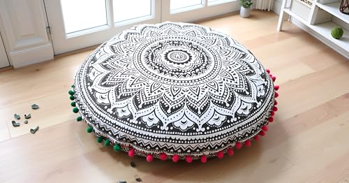 CRAFT KALA Boho Large Floor Pillow Pouf Cover Mandala Meditation Room Pillow Cover for Adults Round Bohemian Seating Pouf Cushion Cover for Kids Playroom 22" Grey Ombre - color: Grey, size: 22" x 22" (Pack of 1)