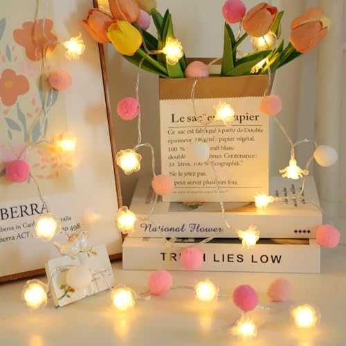 ChiRee 9.85Ft String Lights 20 Cute Pink Pompoms 20 LEDs Rose Fairy Lights Garland Battey Operated with Timer Flower Lights for Bedroom Kids Room Party Birthday Wedding Valentines Decorations - style: Pink-Rose